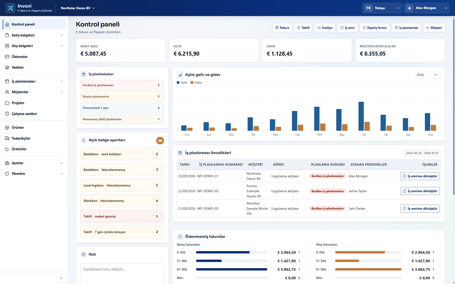 Kurgu şirket verileri içeren Türkçe Invoxi kontrol paneli
